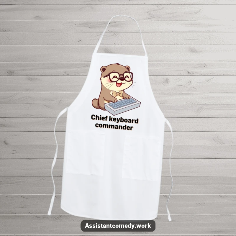 A cheerful otter in a bowtie and glasses is shown typing on a keyboard, printed on a durable kitchen apron for cooking fun.
