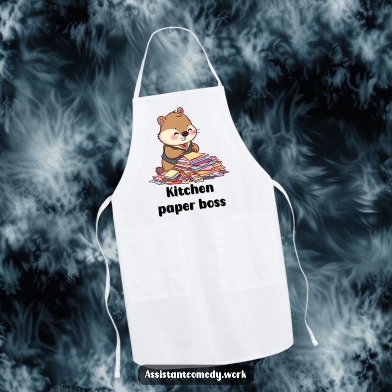 A beaver in a small vest sorts colorful papers, printed on a durable kitchen apron, bringing humor to cooking tasks.