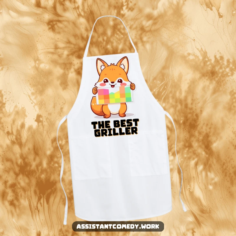 Funny fox smiling, presenting a colorful chart, wearing an apron for a humorous kitchen theme.