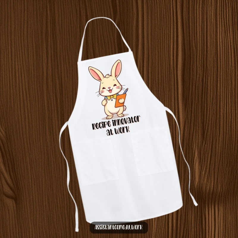 A playful rabbit wearing a smart collar holds a clipboard and pen, printed on a durable kitchen apron for culinary planners.