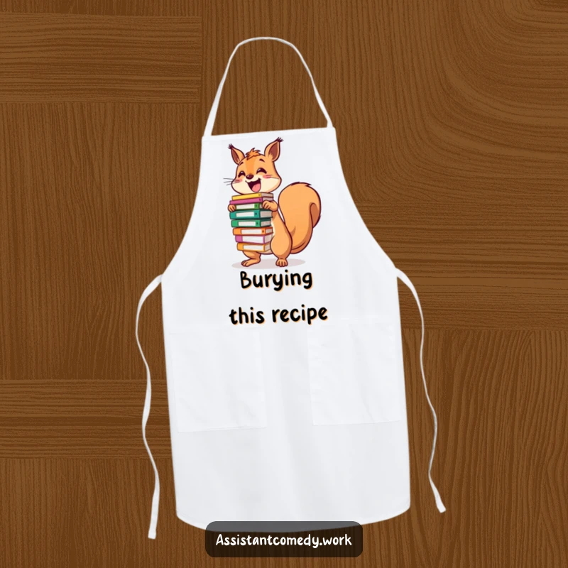 Funny squirrel character balancing a stack of colorful files, wearing an apron for a humorous kitchen theme.