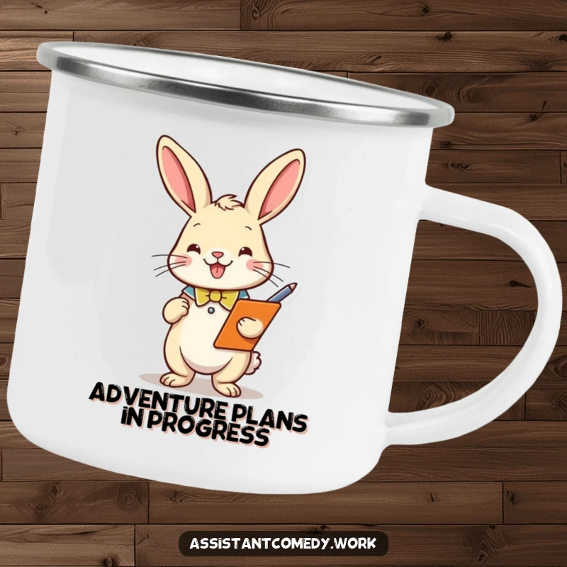 Rustic camping mug featuring a funny rabbit with collar holding clipboard and pen, perfect for outdoor adventures.