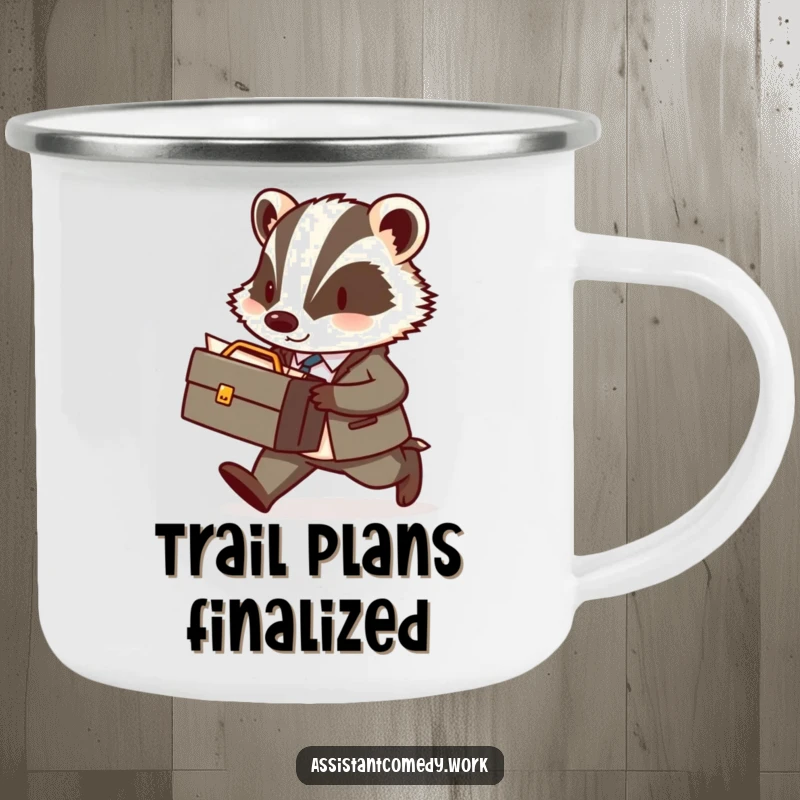 Rustic camping mug featuring a funny badger with briefcase walking briskly, perfect for outdoor business adventures.