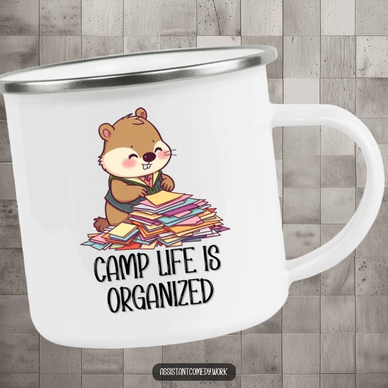 Rustic camping mug featuring a funny beaver in a vest sorting papers, perfect for outdoor adventures and screen readers.