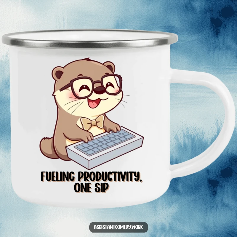 Rustic camping mug featuring a funny otter in a bowtie and glasses typing, perfect for outdoor adventures and screen readers.