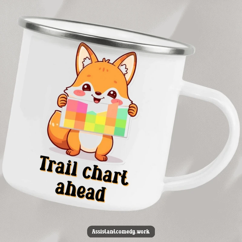 Funny fox presenting a colorful chart in a camping mug design, ready for outdoor analysis.