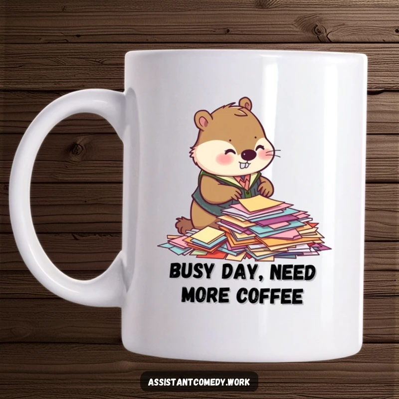 Funny beaver wearing a vest, diligently sorting colorful papers, depicted on a ceramic mug for a touch of office humor.