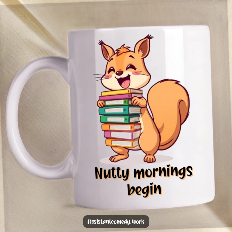 Funny, excited squirrel character precariously balancing a tall stack of colorful files, ready for action.