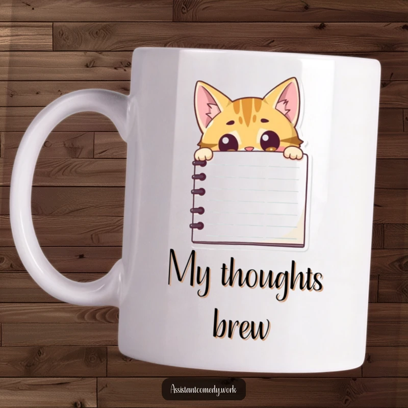 Funny cat character curiously peeking out from behind a large notepad, with mischievous eyes.