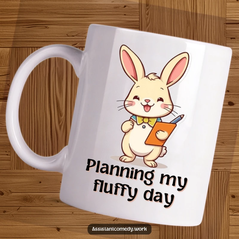 Funny rabbit in a smart collar holding a clipboard and pen, depicted on a ceramic mug for cheerful productivity.