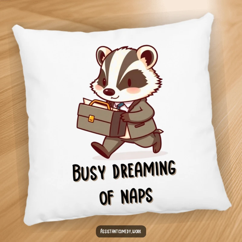 A cute and funny badger wearing a briefcase walks briskly, depicted on a soft, decorative pillow.