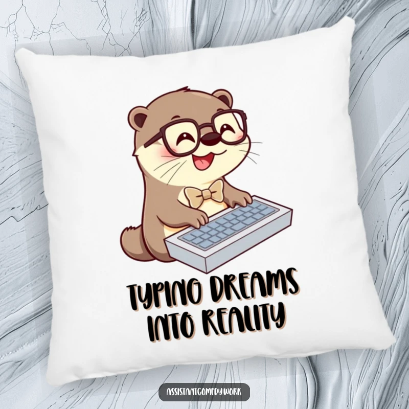 A cute and funny otter wearing a bowtie and glasses, typing on a keyboard, depicted on a soft, decorative pillow for comfort.