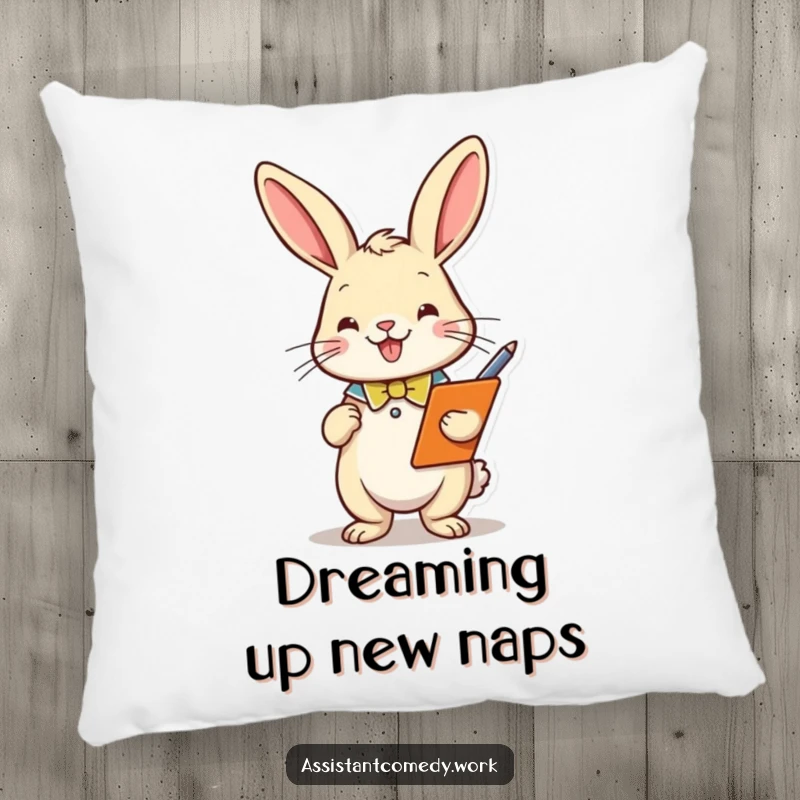 A cute and funny rabbit wearing a collar holds a clipboard and pen, depicted on a soft, decorative pillow.
