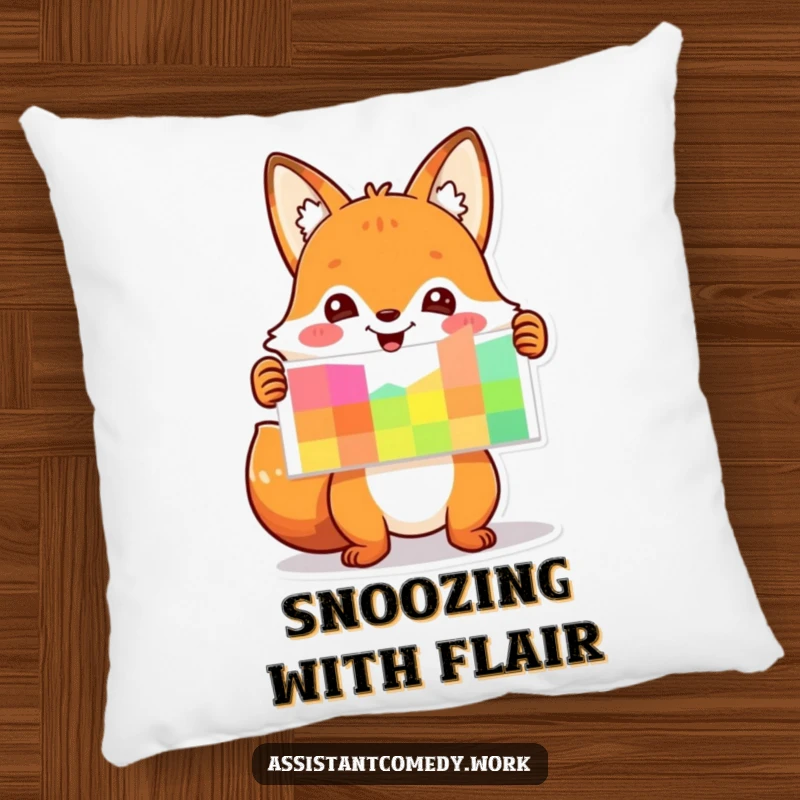 Funny fox character presenting a colorful chart, designed as a soft and humorous pillow.