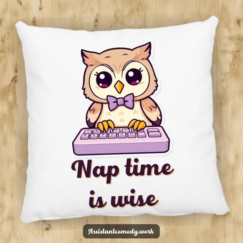 Funny owl, sporting a bow tie, typing on a keyboard, designed for comfort and a good laugh.