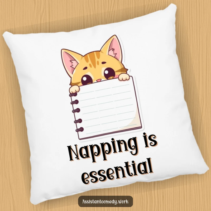 Funny cat character peeking curiously from behind a large notepad, designed as a soft and humorous pillow.