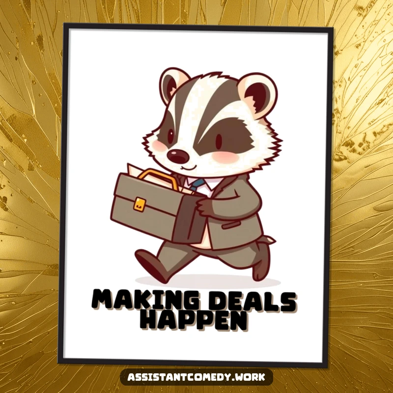 High-resolution digital art print of a funny badger with briefcase walking briskly, ready for instant download.