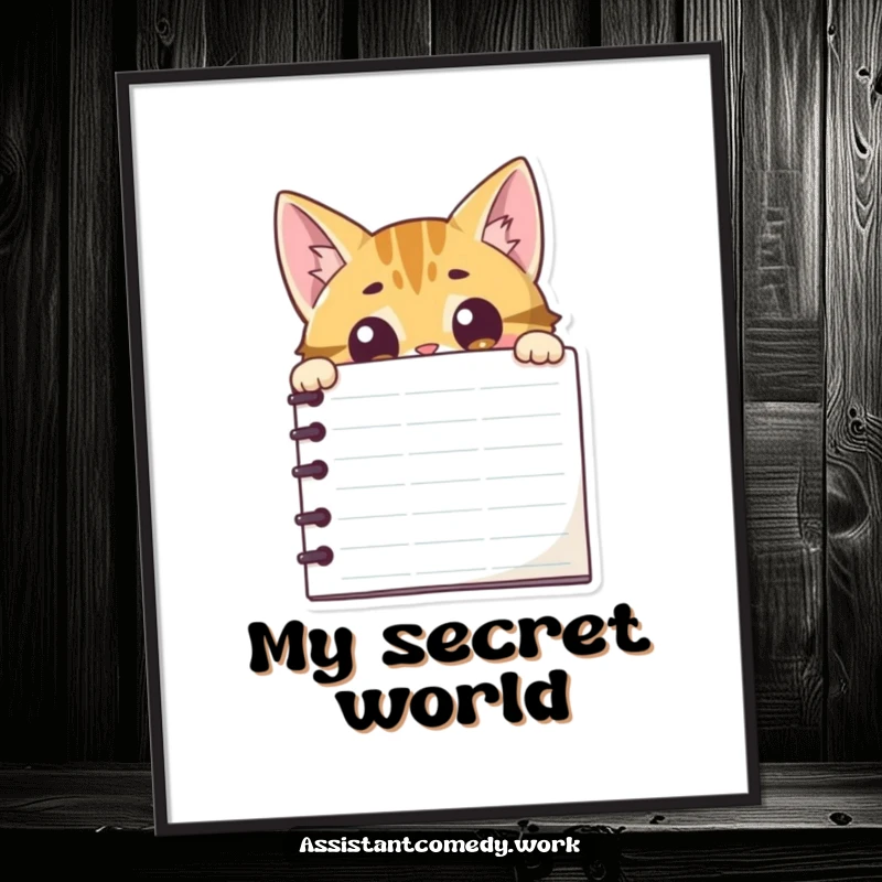 Funny cat character curiously peeking from behind a large notepad, presented as whimsical digital art.