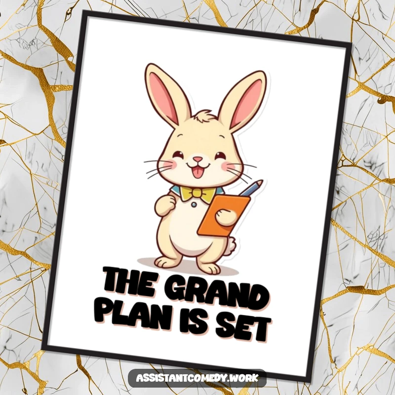 High-resolution digital art print of a funny rabbit with collar holding clipboard and pen, ready for instant download.