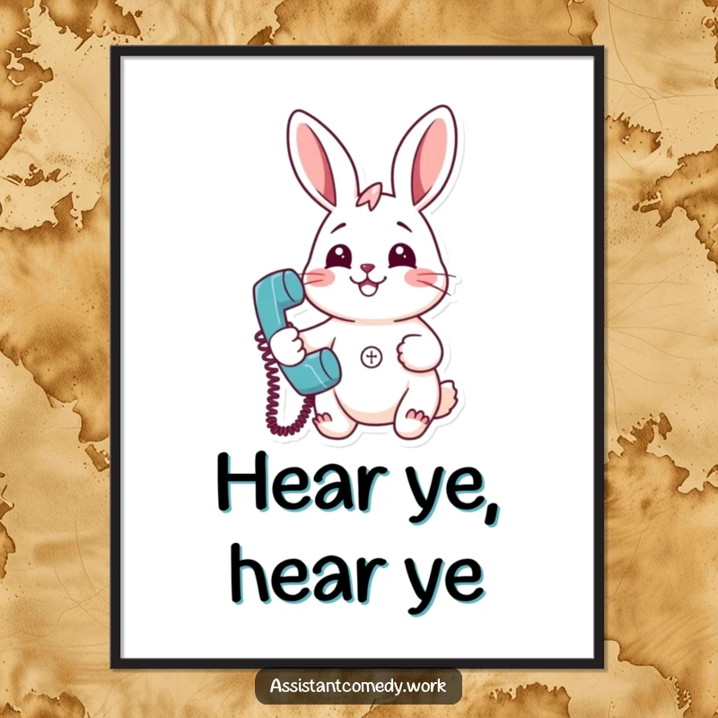 Funny rabbit character holding a ringing telephone with a smile, presented as cheerful digital art.