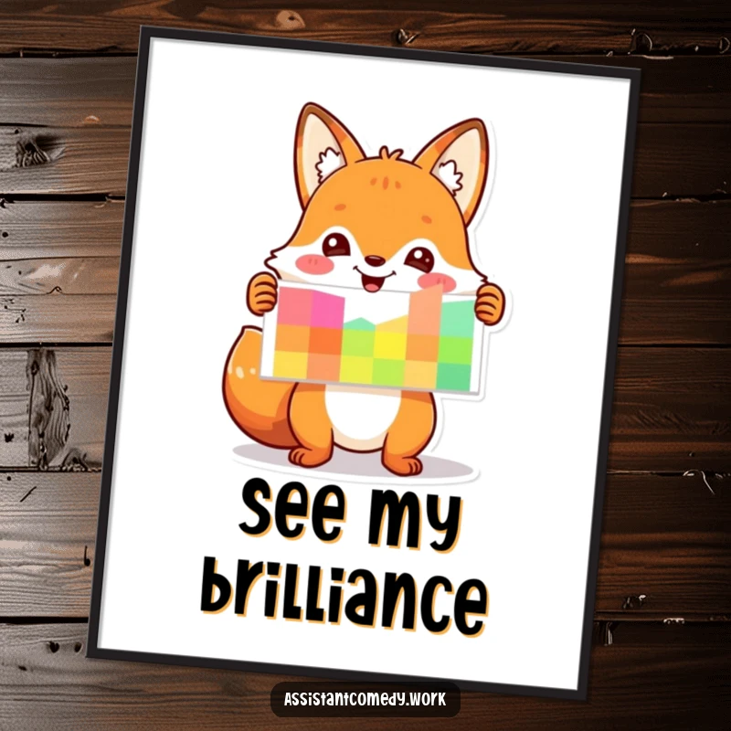 Funny fox character enthusiastically presenting a colorful chart, presented as clever digital art.