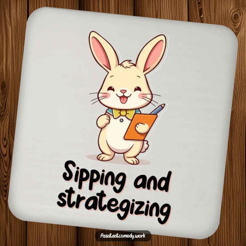Set of funny rabbit drink coasters, each showing the rabbit planning, providing protection and humor for tables with screen readers.