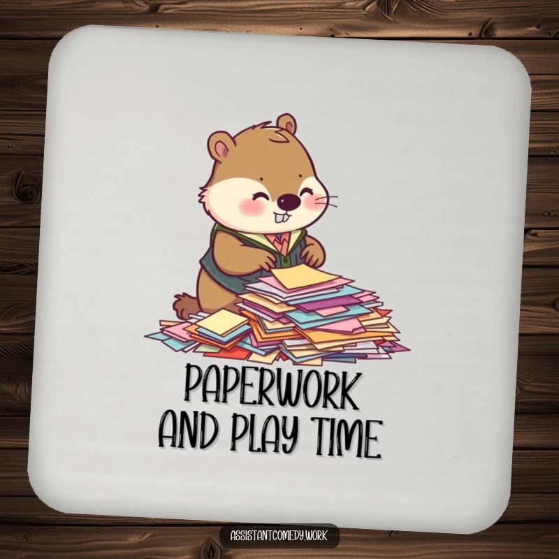 Set of funny beaver drink coasters, each showing the beaver sorting papers, providing protection and humor for tables with screen readers.