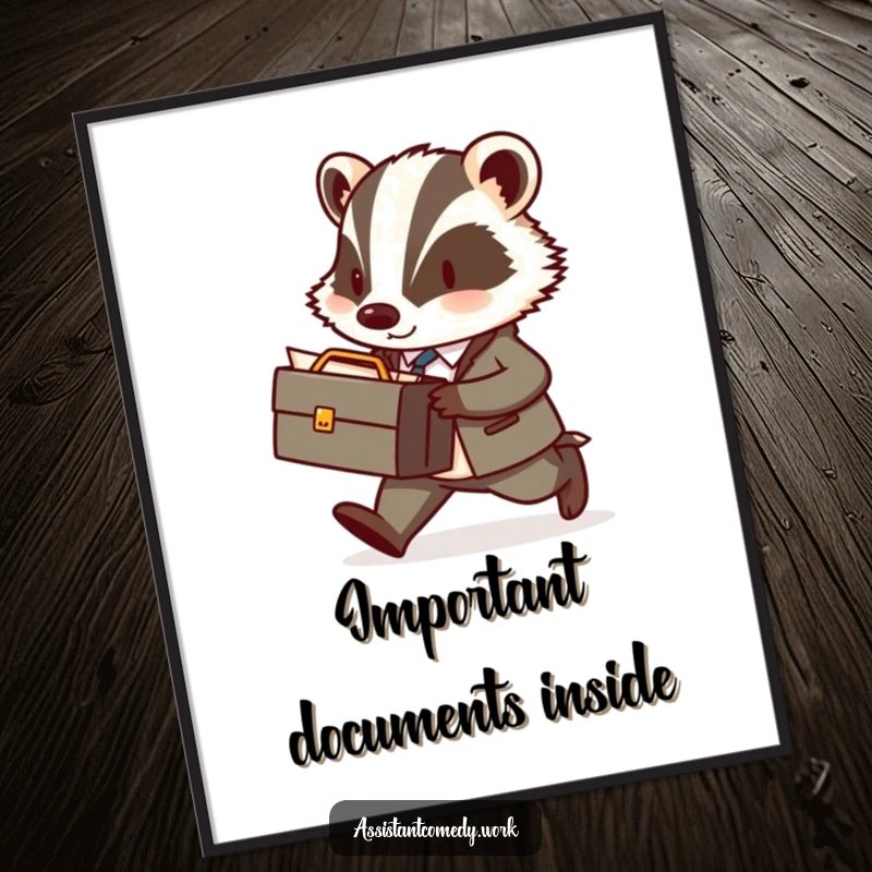 A diligent badger in a miniature briefcase walks briskly with important documents, presented as a vibrant poster for wall art.