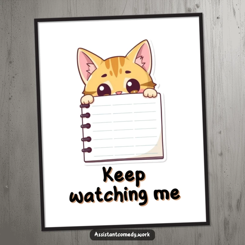Funny cat character curiously peeking out from behind a large notepad, creating whimsical wall art.