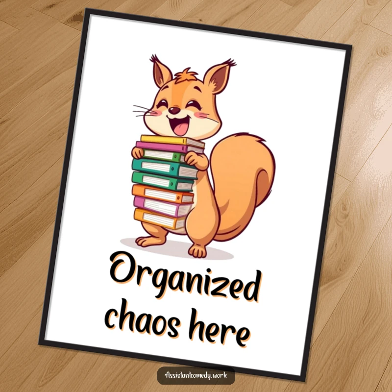Funny squirrel character humorously balancing a large stack of colorful files on a poster for wall decoration.