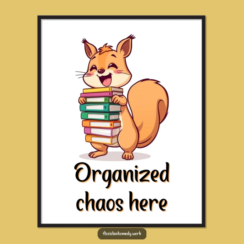 Funny Squirrel File Poster - Whimsical Wall Art for Busy Spaces