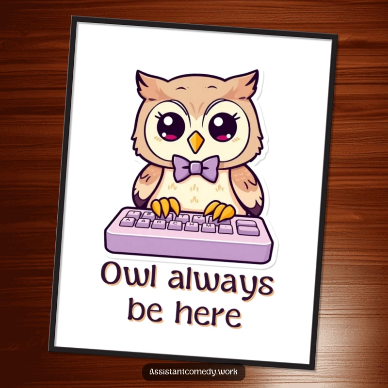 Funny owl wearing a dapper bow tie, focused on typing on a computer keyboard, adding humor to decor.