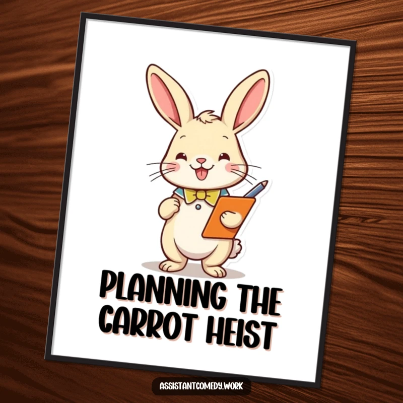 A playful rabbit in a smart collar holding a clipboard and pen is depicted, presented as a vibrant poster for wall art.