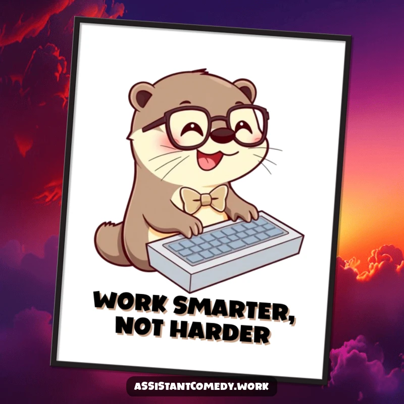 A funny, bespectacled otter in a bowtie is shown typing rapidly on a keyboard, presented as a vibrant poster for wall decor.