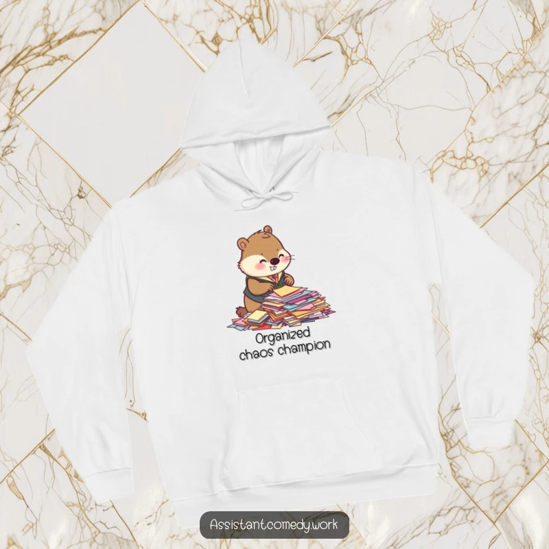A diligent beaver in a vest sorts papers on a warm, cozy hoodie, showcasing humor and organization for screen readers.