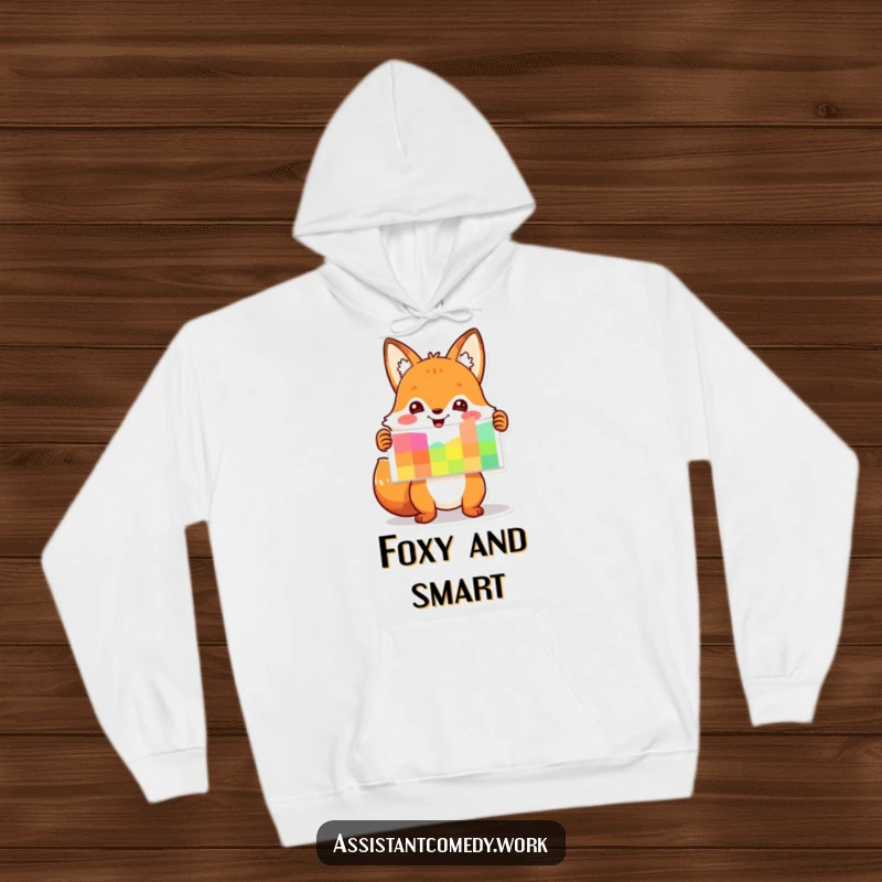 Funny fox character presenting a colorful chart, designed for comfort and a touch of business humor.