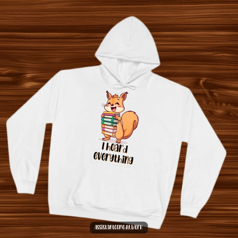 Funny, energetic squirrel struggling slightly but smiling while balancing a mountain of colorful files, perfect for hoodies.