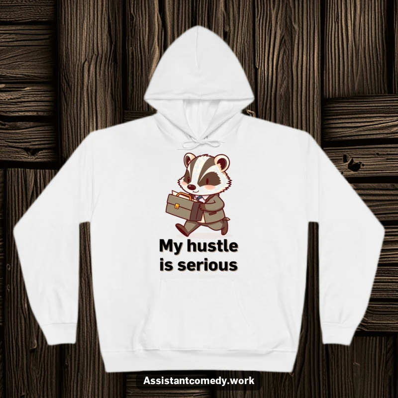 A diligent badger with a briefcase walks briskly on a warm, cozy hoodie, perfect for professionals on the go.