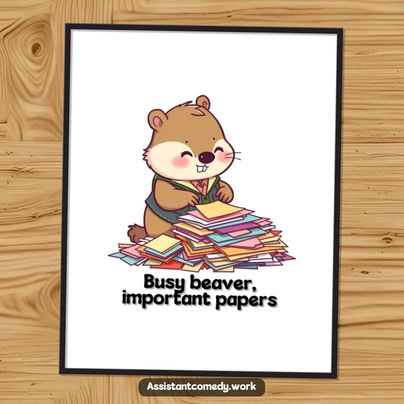 Funny Free Printable Wall Art: Beaver in a vest, busy sorting colorful papers, adding whimsical charm.