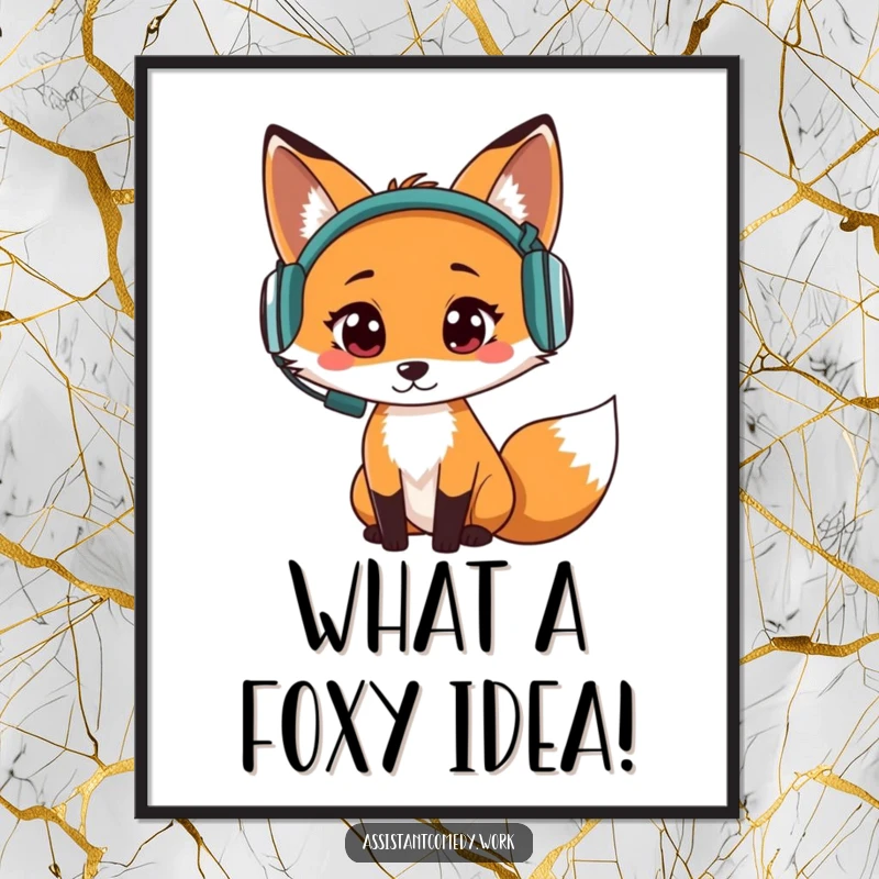 Funny Free Printable Wall Art: Fox wearing a headset and headphones, listening intensely, exuding curiosity.