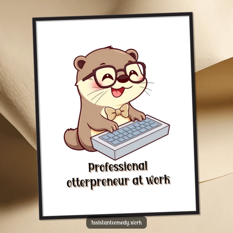 Funny Free Printable Wall Art: Otter wearing bowtie and glasses, intensely typing on a keyboard, perfect for office humor.