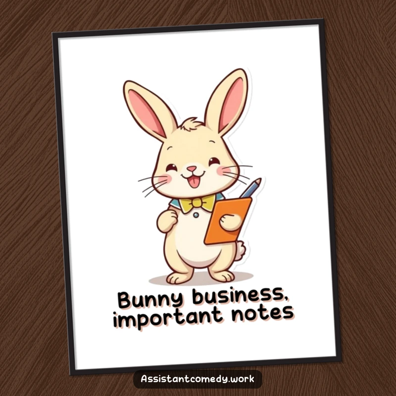 Funny Free Printable Wall Art: Playful rabbit in a smart collar holding a clipboard and pen, ready to organize.