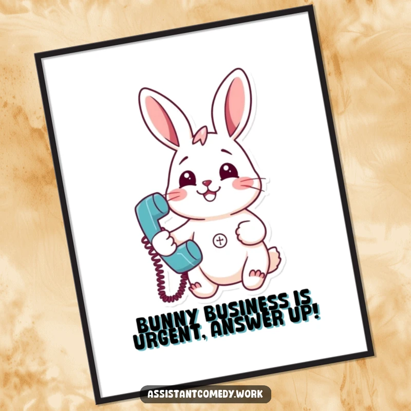 Funny Free Printable Wall Art: Cheerful rabbit with a big smile holding a constantly ringing telephone.