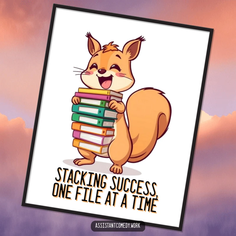 Funny Free Printable Wall Art: Squirrel character joyfully balancing a towering pile of colorful documents.