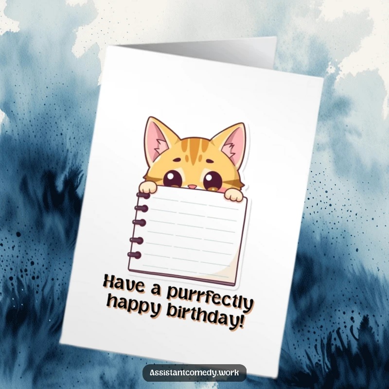Funny Free Printable Birthday Card: Curious cat peeking its head out from behind a giant notepad.