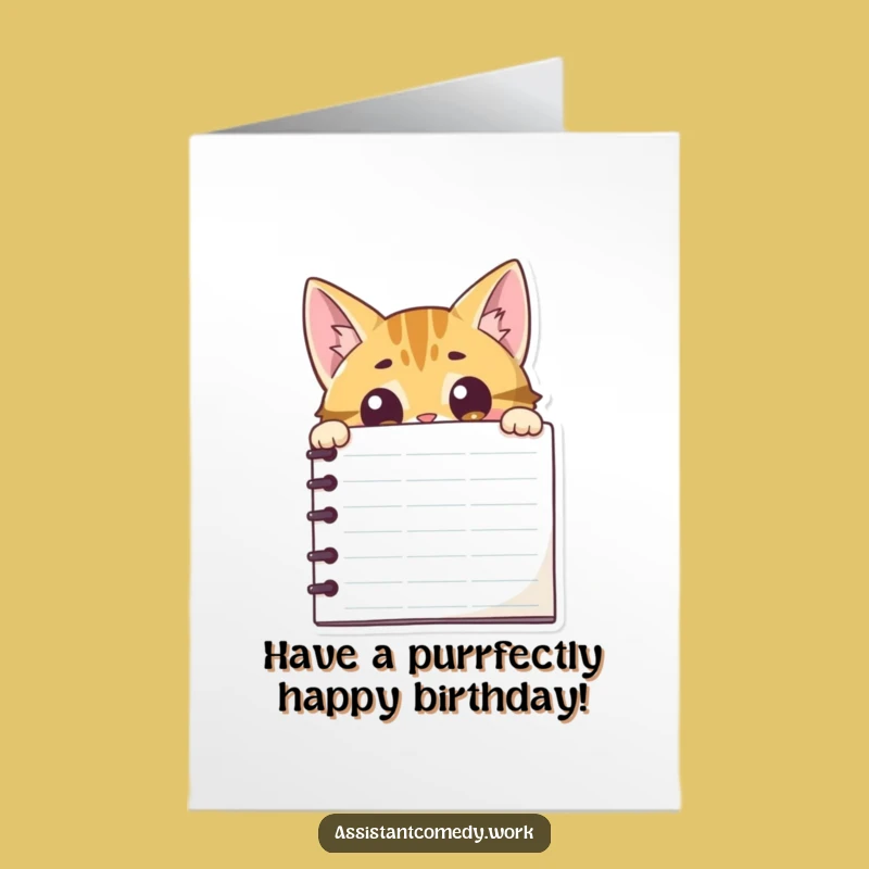 Free Printable Birthday Card: Cat Behind Notepad, Funny Downloadable Gift for Cat Lovers