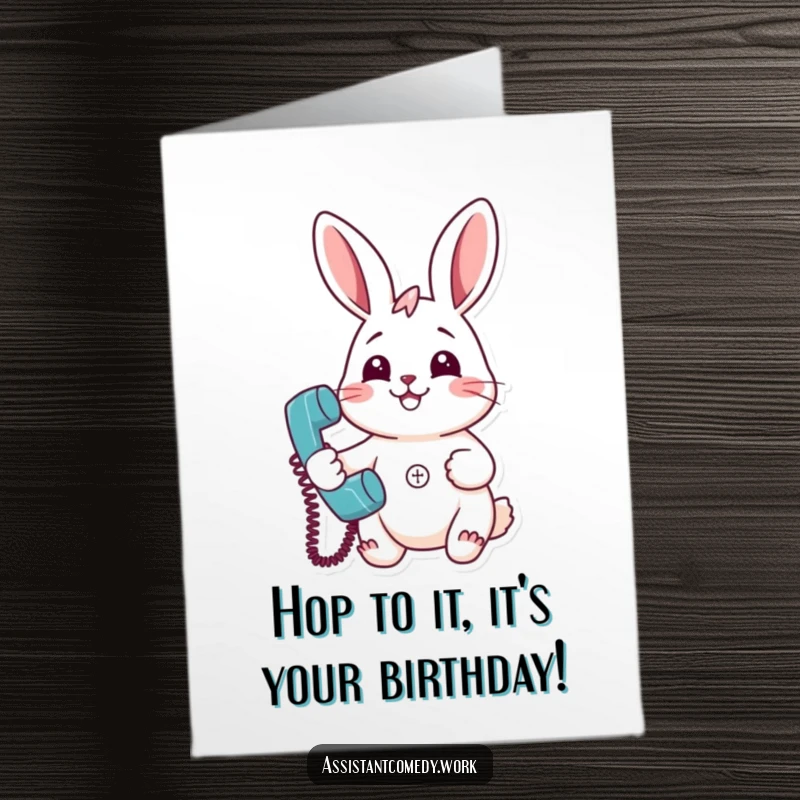 Funny Free Printable Birthday Card: Cheerful rabbit smiling widely while holding a ringing retro telephone.