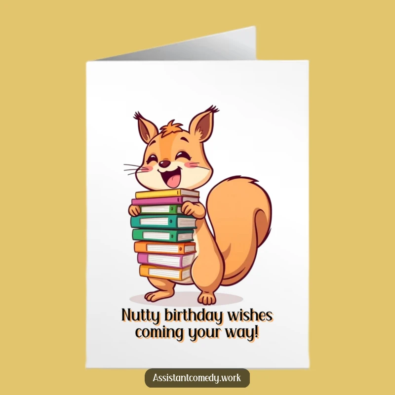 Free Printable Birthday Card: Squirrel with Files, Funny Downloadable Gift for Go-Getters