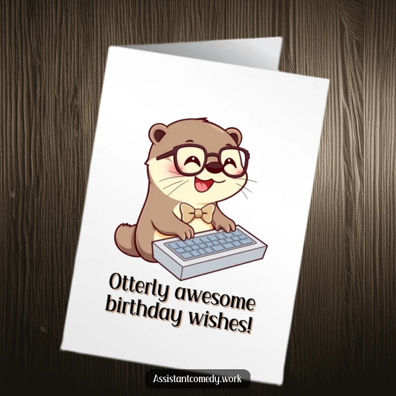 Funny Free Printable Birthday Card: Cheerful otter in bowtie and glasses furiously typing on a keyboard, ready to celebrate.