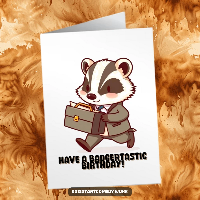Funny Free Printable Birthday Card: Diligent badger in briefcase, carrying documents, celebrating your special day.